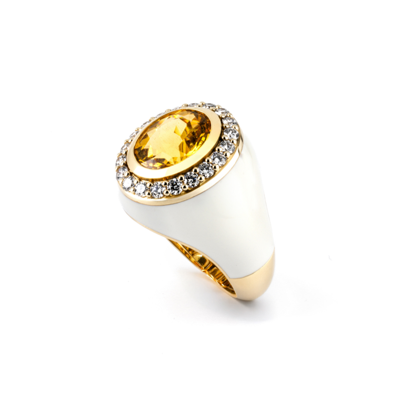 Allegria 18 kt Yellow Gold and Enamel Ring featuring Heliodor for 2.56 cts and Brilliant-Cut Diamonds for 0.54 cts, F-G color, VS clarity. Custom made-to-order jewelry.