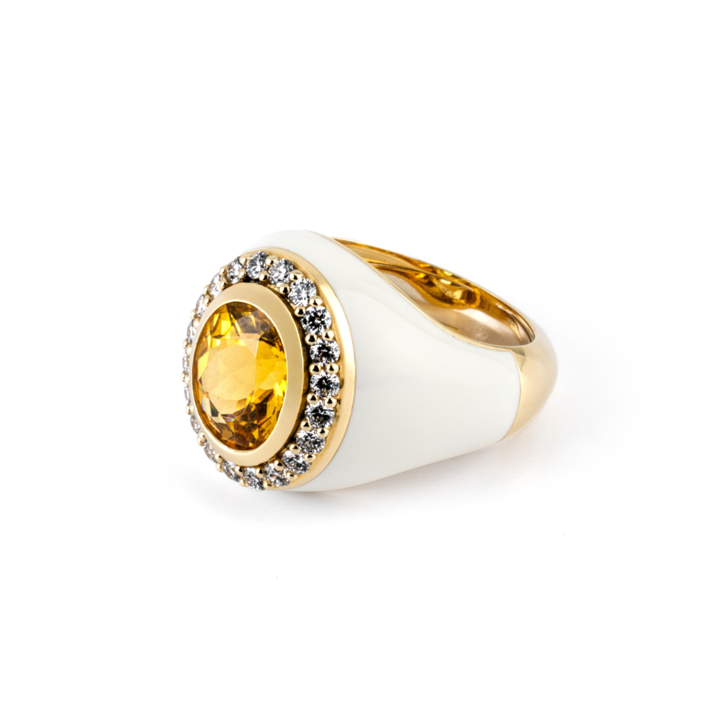 Allegria 18 kt Yellow Gold and Enamel Ring featuring Heliodor for 2.56 cts and Brilliant-Cut Diamonds for 0.54 cts, F-G color, VS clarity. Custom made-to-order jewelry.