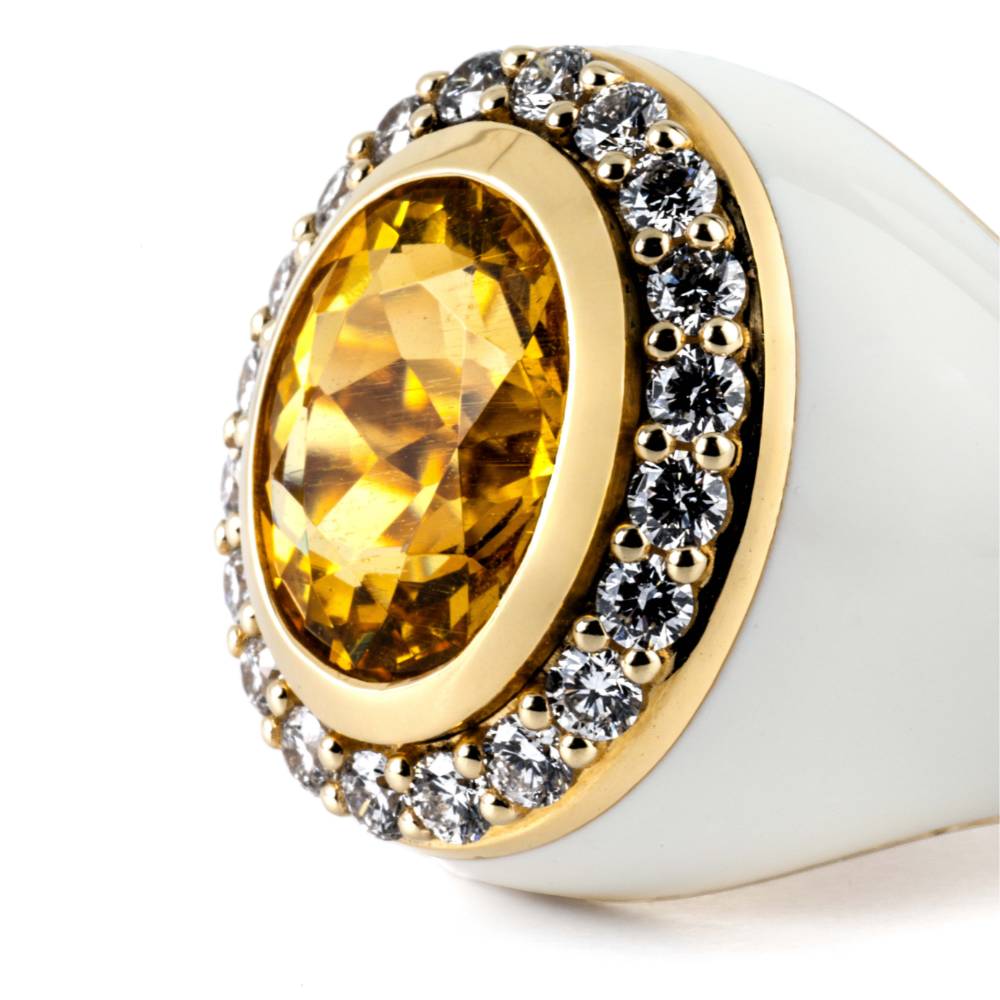 Allegria 18 kt Yellow Gold and Enamel Ring featuring Heliodor for 2.56 cts and Brilliant-Cut Diamonds for 0.54 cts, F-G color, VS clarity. Custom made-to-order jewelry.
