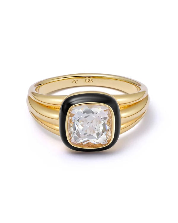 Gold Flare White Topaz Cushion Cut Signet Ring