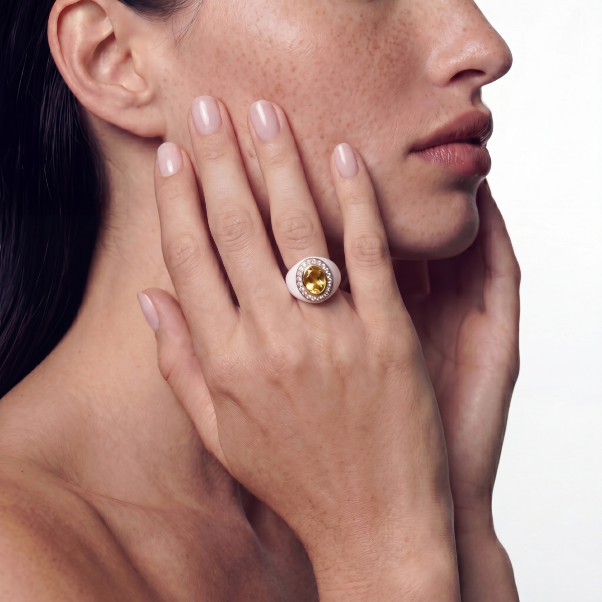 Allegria 18 kt Yellow Gold and Enamel Ring featuring Heliodor for 2.56 cts and Brilliant-Cut Diamonds for 0.54 cts, F-G color, VS clarity. Custom made-to-order jewelry.