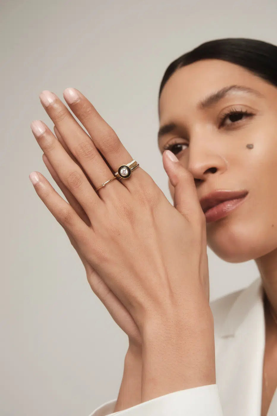 Senna Diamond Halo Ring with White Enamel