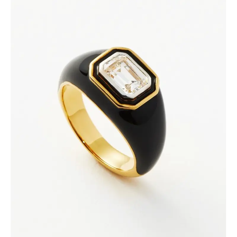 Emerald Cut Lab Grown Diamond Black Enamel Ring in Yellow Gold, Modern Bezel Set Statement Cocktail Ring