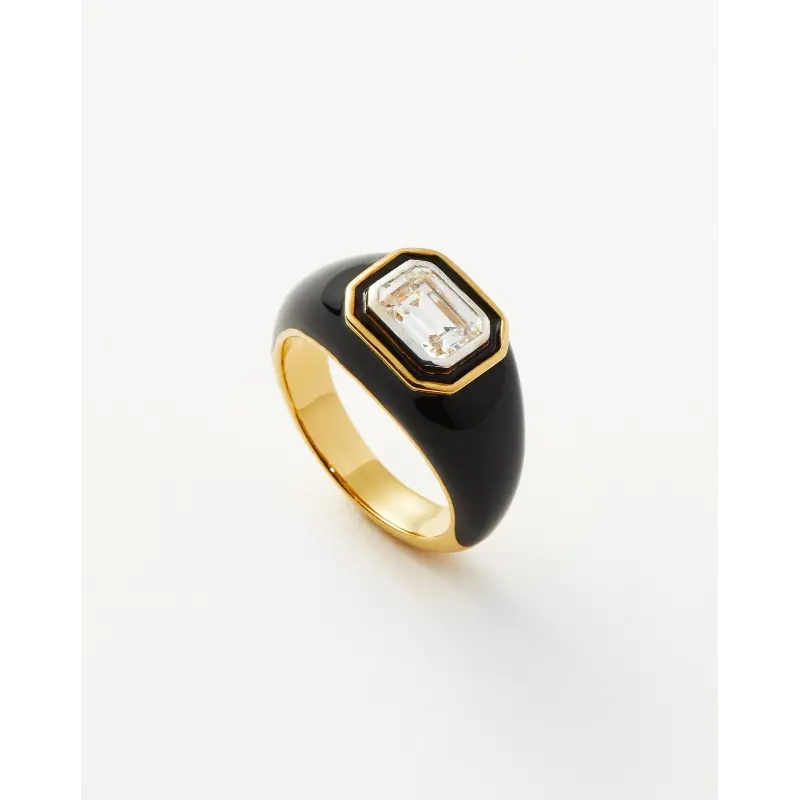 Emerald Cut Lab Grown Diamond Black Enamel Ring in Yellow Gold, Modern Bezel Set Statement Cocktail Ring