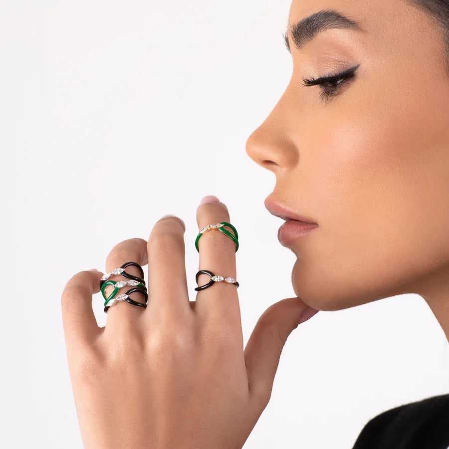 Emerald Green Enamel Ring with Marquise Diamond