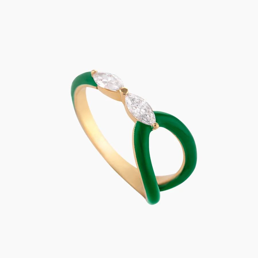 Emerald Green Enamel Ring with Marquise Diamond