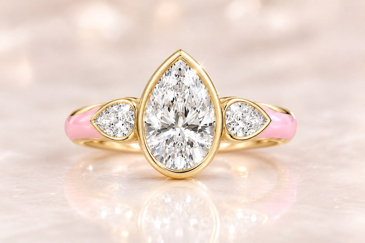 Three-Stone Pink Enamel Pear Ring